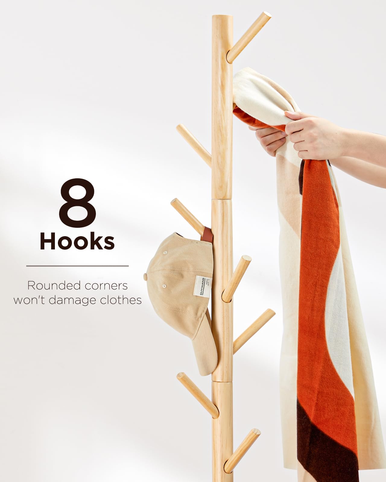 AMADA HOMEFURNISHING Coat Rack Stand, Wooden Coat Rack Freestanding with 8 Hooks, Coat Tree with 3 Height Configurations for Entryway, Hallway, Bedroom, Office, AMWCR01N