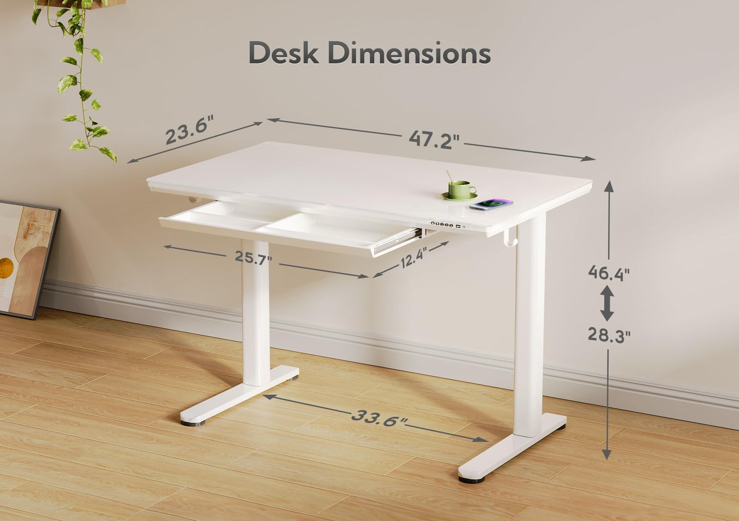 INNOVAR Wireless Charging Glass Standing Desk with Drawers, Adjustable Height Stand Up Desk, Electric Standing Desk with Storage, 48 inch, Super White - WoodArtSupply