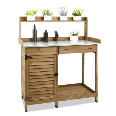 PetsCosset Garden Potting Benche Table Outdoor Wooden Work Station W/Metal Table top,Cabinet,Drawer,Large Bottom Shelf,Open Shelf Natural Wood-Brown-Brown PetsCosset