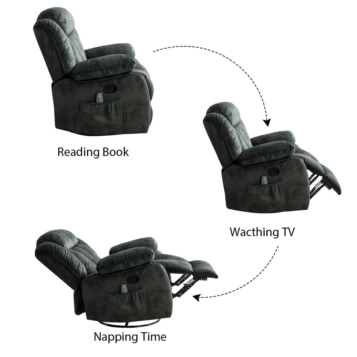 INZOY Massage Swivel Rocker Recliner with Heat and Vibration, Manual Rocking Recliner Chair with Vibrating Massage, Comfy Padded Overstuffed Soft Fabric Heated Recliner, Grayish Green INZOY