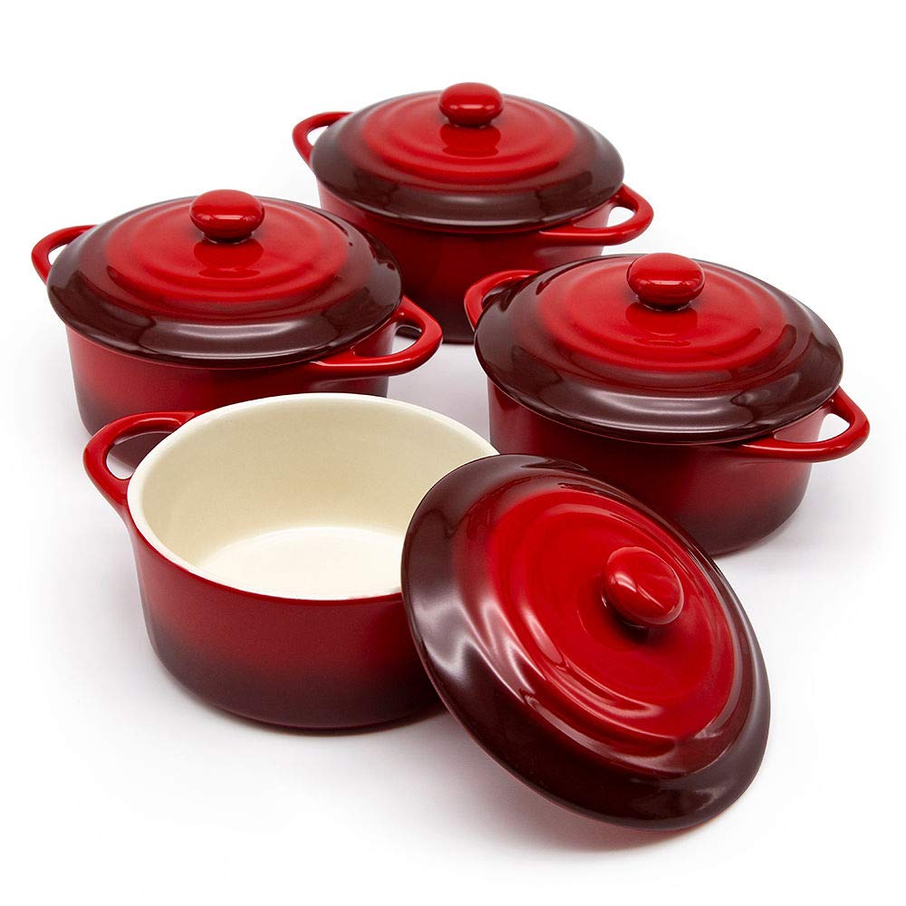 Kook Ceramic Mini Cocotte Set, Small Casserole Dishes with Lids and Handles, Individual Baking Ramekins, Oven, Microwave & Dishwasher Safe, Stoneware, 12 oz, Set of 4 KooK