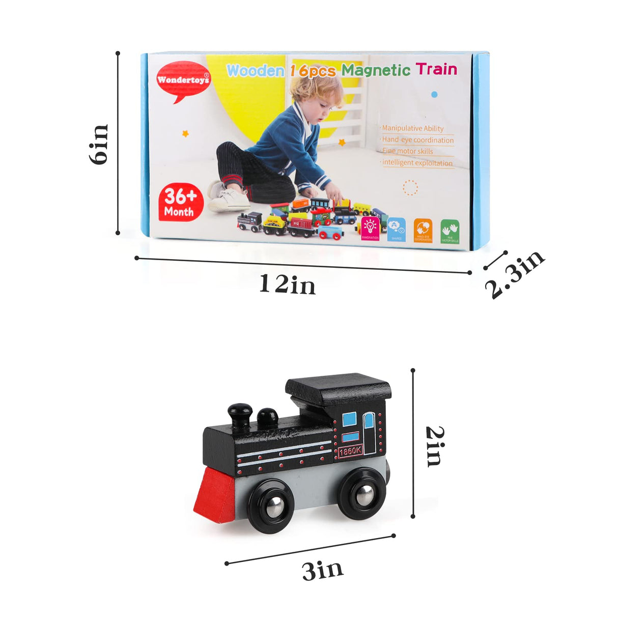 Wondertoys 16 Piece Magnetic Wooden Train Set for Toddlers - Includes Storage Bag and Track Accessories Wondertoys