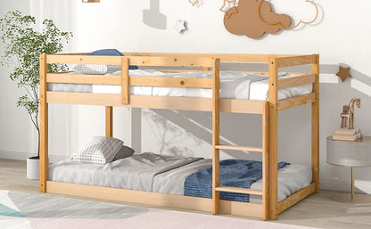 Low Profile Twin Over Twin Solid Wood Bunk Bed Frame for Kids in Natural Finish - WoodArtSupply