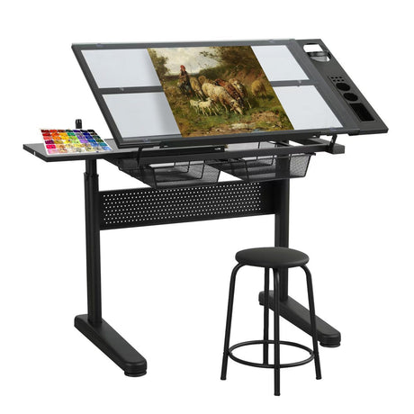 Landpink Adjustable Drafting Table Art Desk – Drawing Desk Glass Art Drawing Table Artist Desk Crafts Table - Upgraded (Black) Landpink