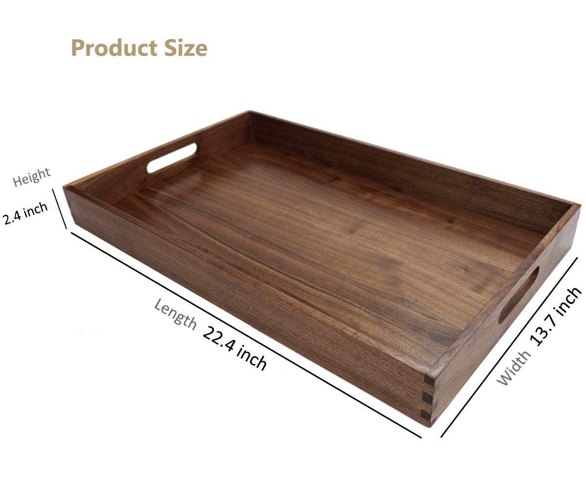 MAGIGO 22 x 14 Inches Large Rectangle Black Walnut Wood Ottoman Tray with Handles, Serve Tea, Coffee, Classic Wooden Decorative Serving Tray - WoodArtSupply