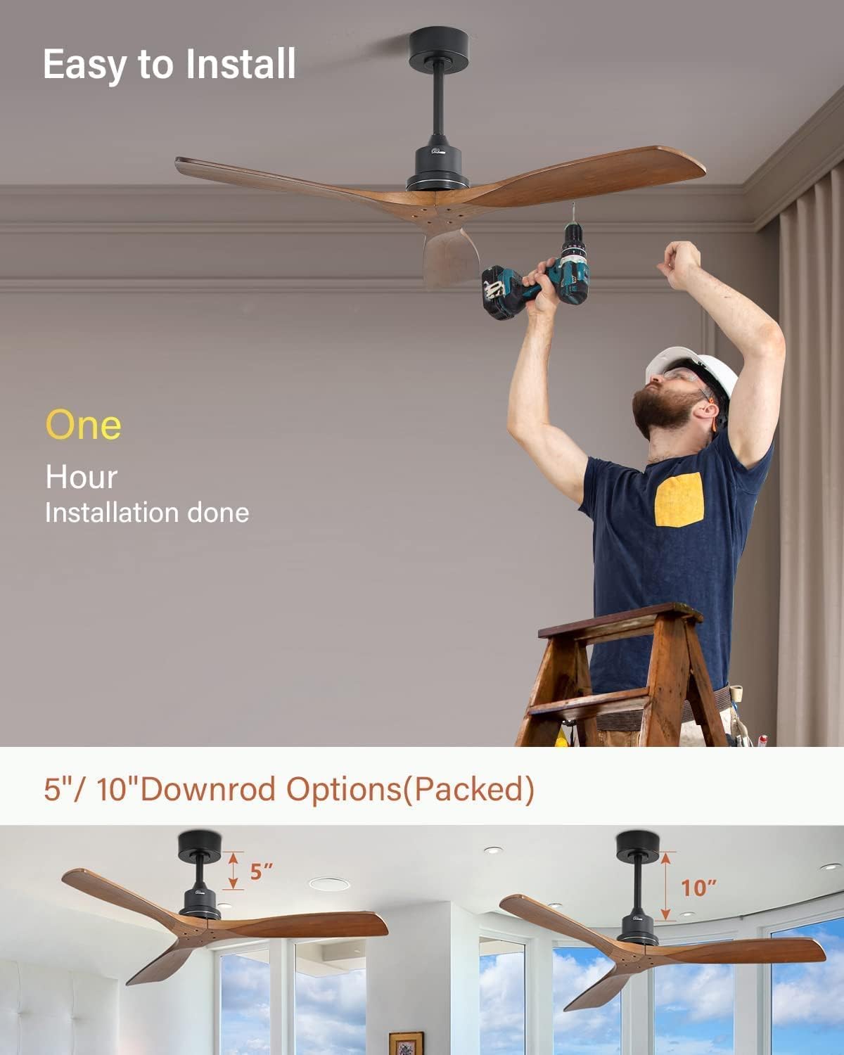 Sofucor 52 Inch Solid Wood Ceiling Fan without Light 3 Blades Ceiling Fan No Light with Remote, 6 Speeds with Reversible DC Motor for Living Room Bedroom Patio With Cover Sofucor