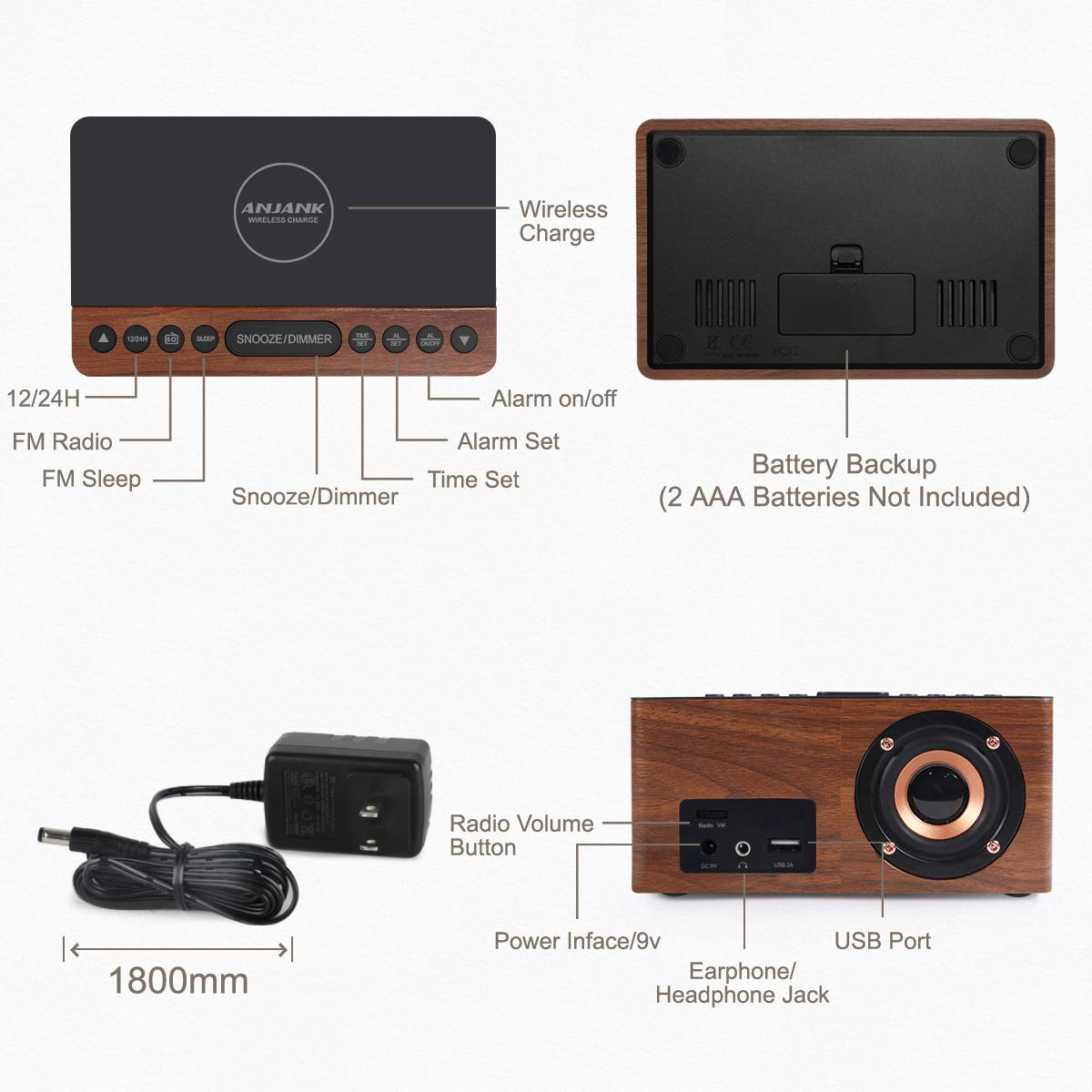 ANJANK Digital LED Alarm Clock FM Radio, Fast Wireless Charger Station for iPhone/Samsung Galaxy, 5 Level Dimmer, USB Charging Port, 2 Sounds, Sleep Timer for Bedroom, Bedside, Desk - Wood ANJANK