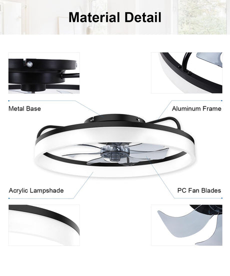 Ceiling Fans with Lights and Remote, 20"Modern Low Profile Ceiling Fan with Light , Stepless Color Temperature Change and 6 Speeds, Flush Mount Ceiling Fans for Bedroom, Kids Room and Living Room. AQUBT