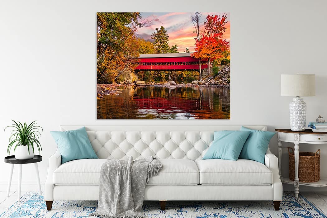 Handmade Arting Diamond Painting Landscape Beautiful Red Covered Bridge in Fall Trip Vacation View Warm Water for Adult Painting Kits Diamond Art Perfect for Home Wall Decor 12inchx16inch Handmade Arting