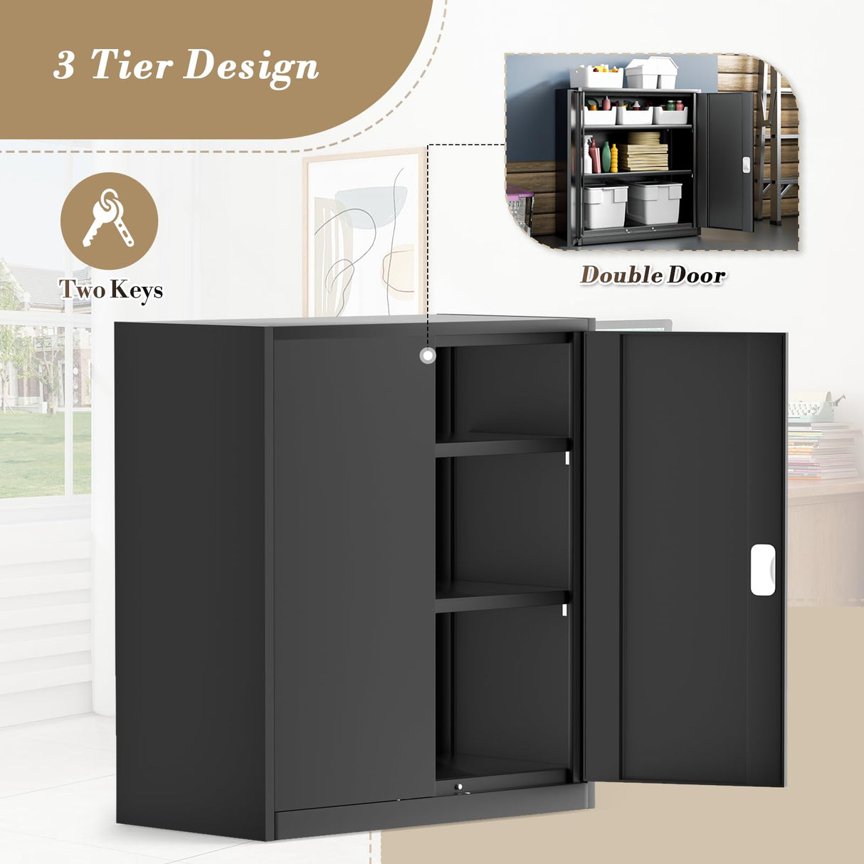Athena Collection Metal Storage Cabinet with Doors and Shelves, 36" Garage Storage Cabinet with Lock for File, Home, Office, School, Garage, Black Athena Collection
