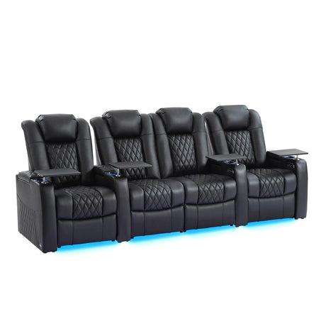 comfiroom Home Theater Seating Classic Series Top Grain Nappa Leather Loveseat Recliner Chair Dual Power Movie Theater Chairs Electric Headrest with Tray Table (Black, Row of 4 Loveseat Middle) comfiroom