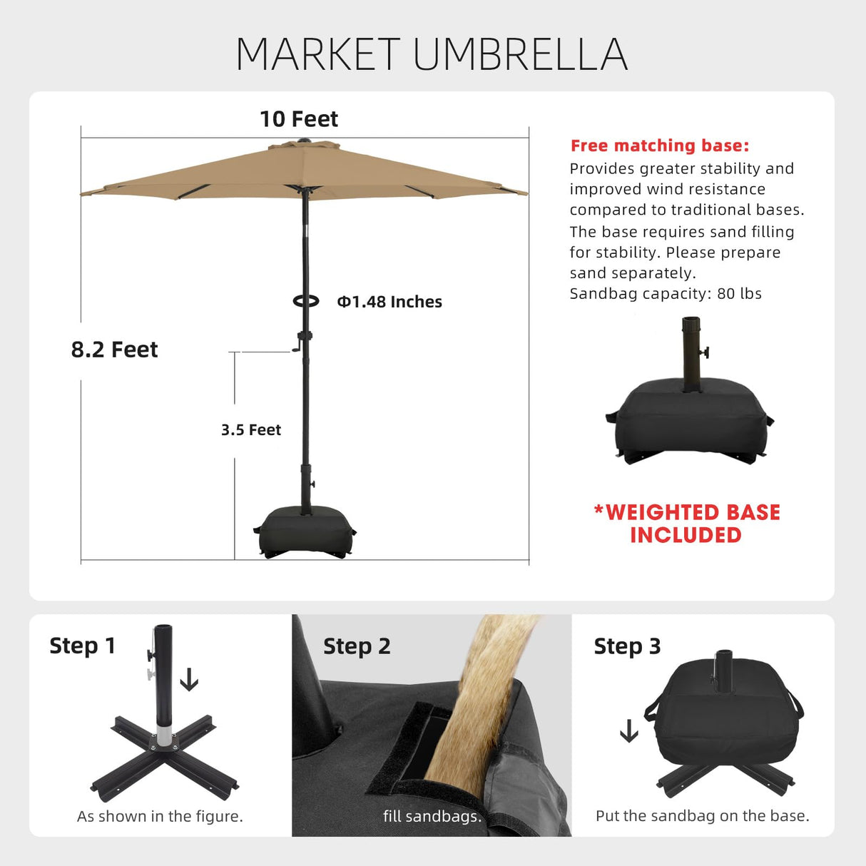 wikiwiki 10FT Solar Led Patio Umbrella with Base, Sturdy Outdoor Market Umbrella for Deck, Pool, Garden w/Tilt, Crank, 32 LED Lights, Tan wikiwiki