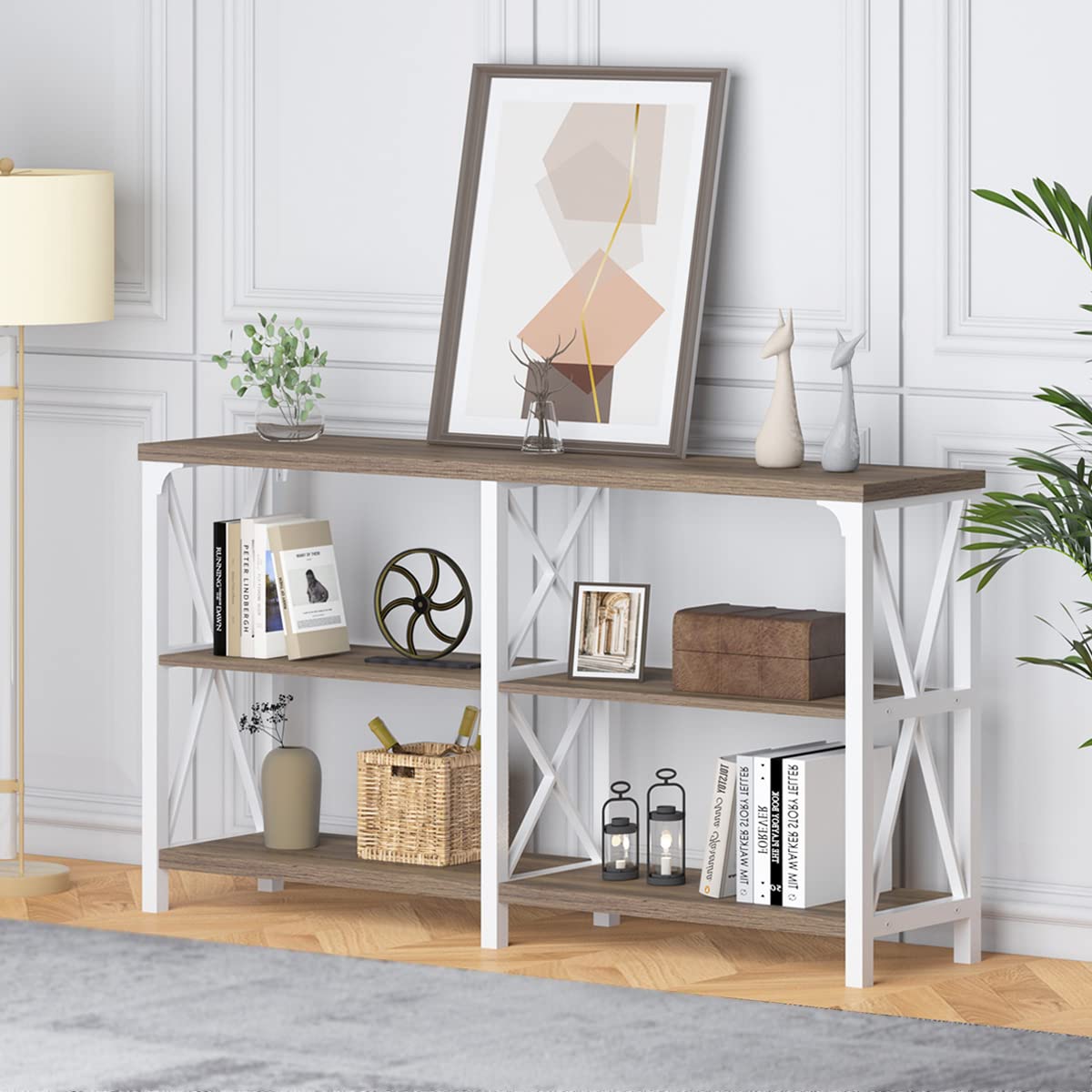 IBF Farmhouse Entryway Table, Wood TV Console Table, Long Rustic Metal Sofa Table, Industrial Hallway Table with Storage Shelves, Modern Foyer Tables for Front Entry Way, White and Rustic Oak, 55 in IBF