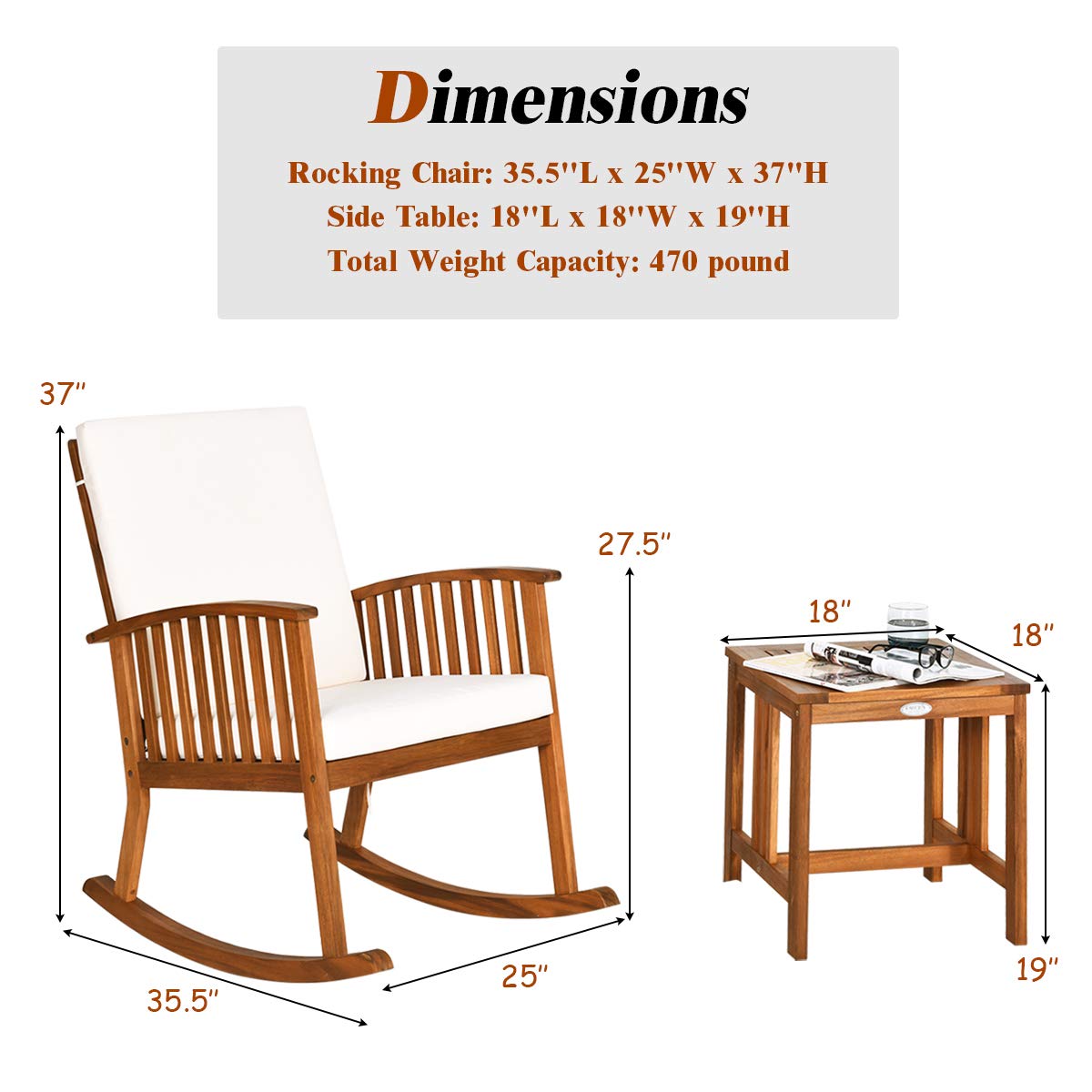 Tangkula Acacia Wood Patio Bistro Set, Outdoor Rocking Chair with Table, Porch Rocker with Thick Cushion of Detachable Cover, Porch Rocking Chair Table Set for Outdoor Indoor Patio Backyard,  - WoodArtSupply