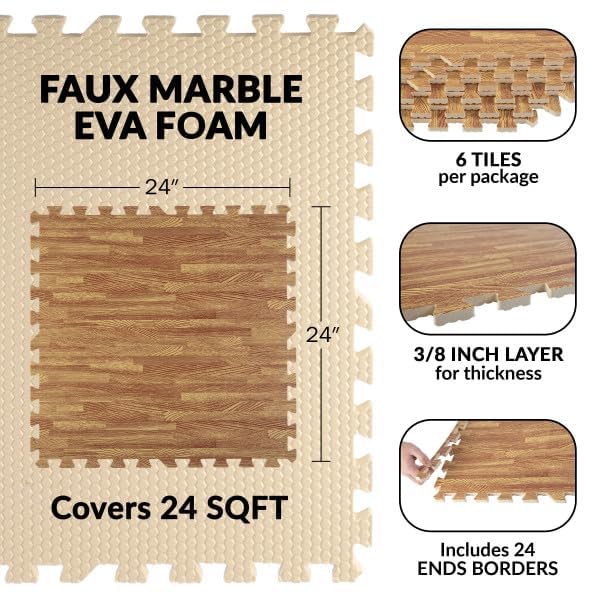 Foam Floor Tiles - 24sqft Wood Grain Interlocking Foam Tiles with Border - Foam Play Mat Playroom or Gym Flooring for Home Gym by Stalwart (Light) Stalwart