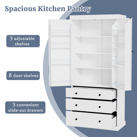 77inch Farmhouse Kitchen Pantry, Wood Storage Cabinet With 3 Adjustable Shelves, Freestanding Tall Cupboard Storage Cabinet With 8 Door Shelves And 3 Drawers For Kitchen, Dining Room (White-CR) Tdewlye