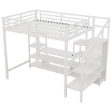 Full Size Loft Bed with LED Light & TV Table, High Loft Beds with Charging Station & Storage Bookcase, Wardrobe, Heavy-Duty Metal Lofts Frame with Stairs for Kids, Teens & Adults Dorms, White Mirightone