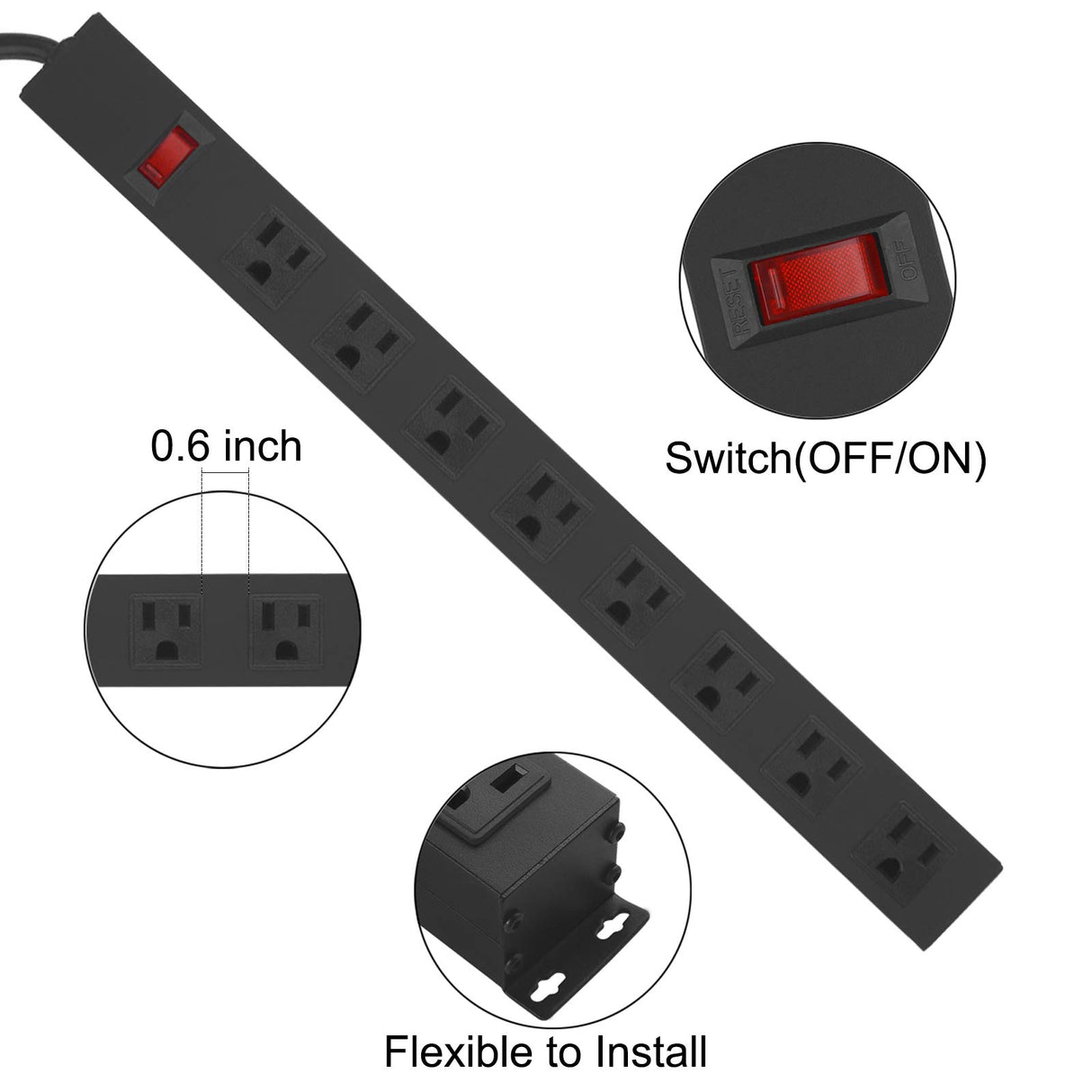 HHSOET Metal 8 Outlet Mountable Power Strip, Wall Mount Outlet Power Strip Heavy Duty, Wide Spaced Commercial Shop Power Strip with Switch, 15A 125V 1875W, 6 FT SJT 14AWG Power Cord.(Black) HHSOET