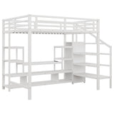 Full Size Loft Bed with LED Light & TV Table, High Loft Beds with Charging Station & Storage Bookcase, Wardrobe, Heavy-Duty Metal Lofts Frame with Stairs for Kids, Teens & Adults Dorms, White Mirightone