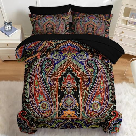 Nesker 5 Pcs Comforter Set Twin Size, Paisley Boho Plant Bedding Set for Kids and Adults, Bohemian Retro Floral Bed Sheet Sets with Fitted Sheet Pillowcases & Shams Nesker