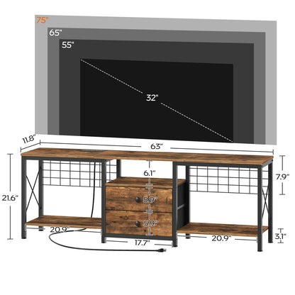 YATINEY TV Stand with Power Outlet for 75 Inch, Entertainment Center with 2 Fabric Drawers, TV Console Table with Open Storage Shelves for TVs, Cable Management, for Living Room, Bedroom, DS16UBR