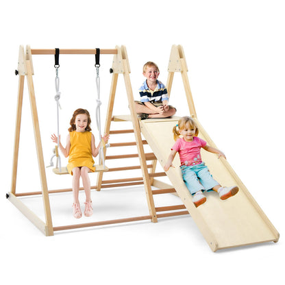 HONEY JOY Kids Indoor Jungle Gym, Large 5-in-1 Playground Climber Playset with Baby Swing, Slide Ramp, Ladder & Climbing Wall, Foldable Wooden Montessori Waldorf Play Gym, Climbing Toys for Toddlers