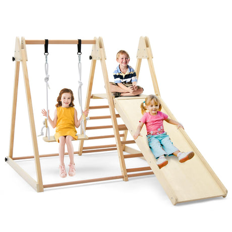 HONEY JOY Kids Indoor Jungle Gym, Large 5-in-1 Playground Climber Playset with Baby Swing, Slide Ramp, Ladder & Climbing Wall, Foldable Wooden Montessori Waldorf Play Gym, Climbing Toys for Toddlers HONEY JOY