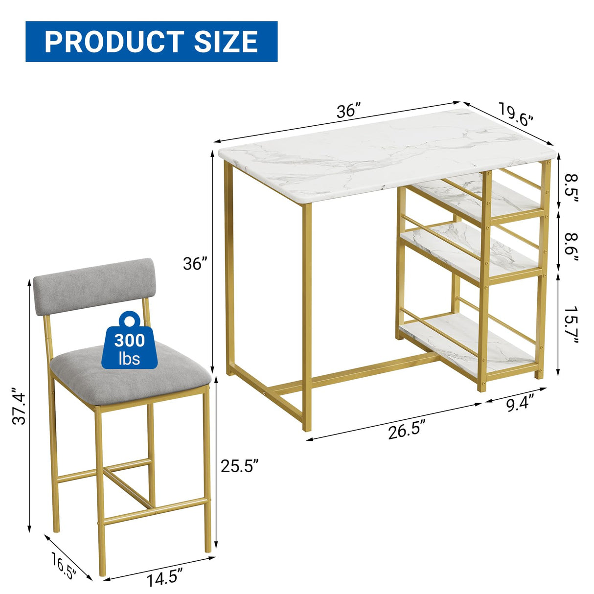 GarveeHome Dining Table Set for 2, Counter Height Kitchen Table with 2 Upholstered Bar Stools, Dining Table and Chairs Set with Storage Shelves, for Small Space, Apartment, Gold-Gray-White GarveeHome