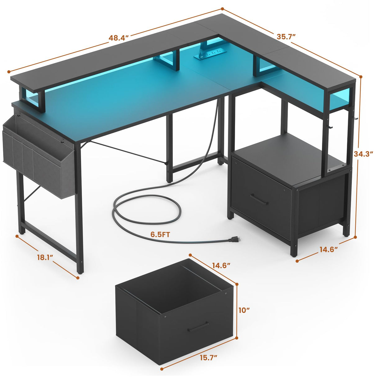 Homieasy Computer Desk with File Drawer Cabinet, L Shaped Office Desk with Printer Stand & Full Monitor Stand, 48 Inch Gaming Desk with Power Outlets Led Light Storage Bag Hanging Hooks, Black Homieasy