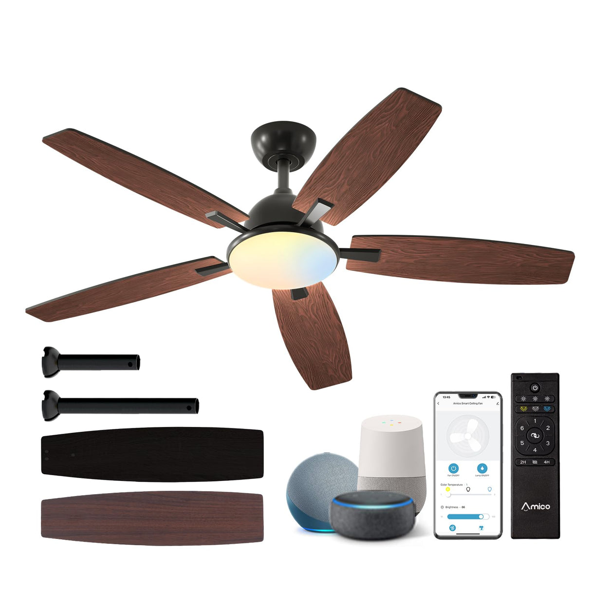Amico Ceiling Fans with Lights, 52 inch Smart Ceiling Fan with Remote/APP/Alexa Control, Reversible DC Motor, 5 Blades, 6 Speeds, 3CCT, Dimmable, Noiseless, Wifi Ceiling Fan for Farmhouse, Bedroom Amico