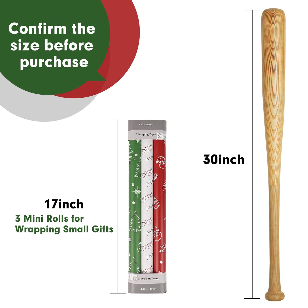 WRAP STORM Reversible Christmas Wrapping Paper – 3 Rolls (17" x 120") – Gift Wrap with 6 Holiday Designs: Santa, Trees, Snowflakes & Festive Dots WRAP STORM