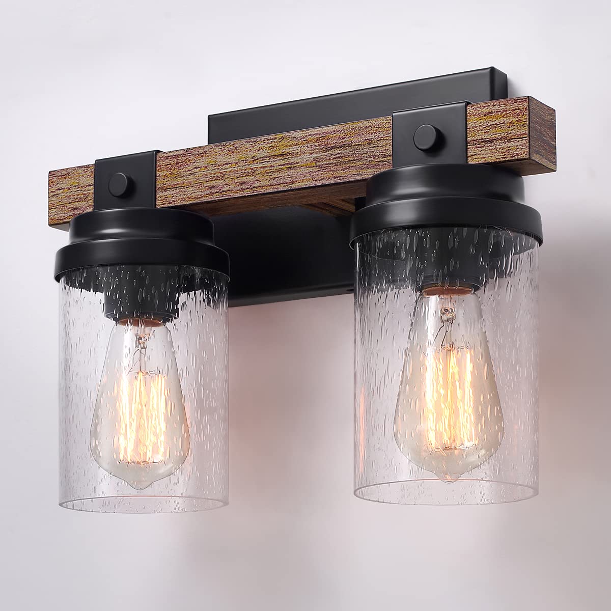 2-Light Farmhouse Vanity Lights for Bathroom, Rustic Bathroom Light Fixtures with Pretty Glass Shade, Black Industrial Wood Grain Wall Sconce for Bathroom Hallway Bedroom ZSMIHDOH