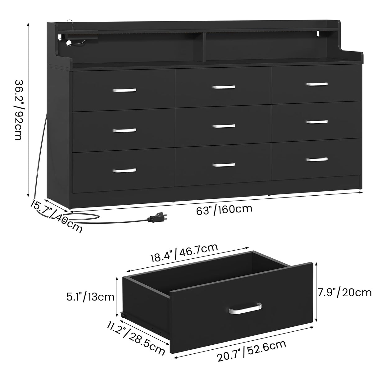 Bigbiglife 9 Drawer Dresser with Built in Power Outlet and LED Light, Modern Chest of Drawers for Bedroom, Triple Wide Drawer Organizer Cabinet for Living Room, Entryway, Hallway, Black Bigbiglife