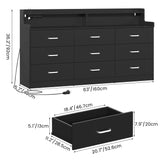 Bigbiglife 9 Drawer Dresser with Built in Power Outlet and LED Light, Modern Chest of Drawers for Bedroom, Triple Wide Drawer Organizer Cabinet for Living Room, Entryway, Hallway, Black Bigbiglife