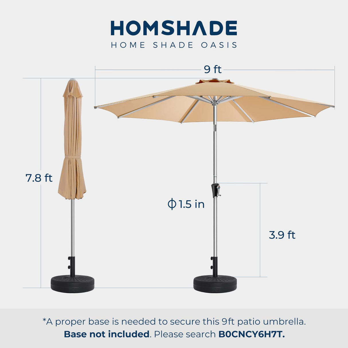 HOMSHADE 9FT Aluminum Outdoor Patio Umbrella, 5-Year Fade Resistant Market Table Umbrella, UPF50+ UV Protection with Push Button Tilt, Crank for Pool Deck and Garden (Beige) HOMSHADE