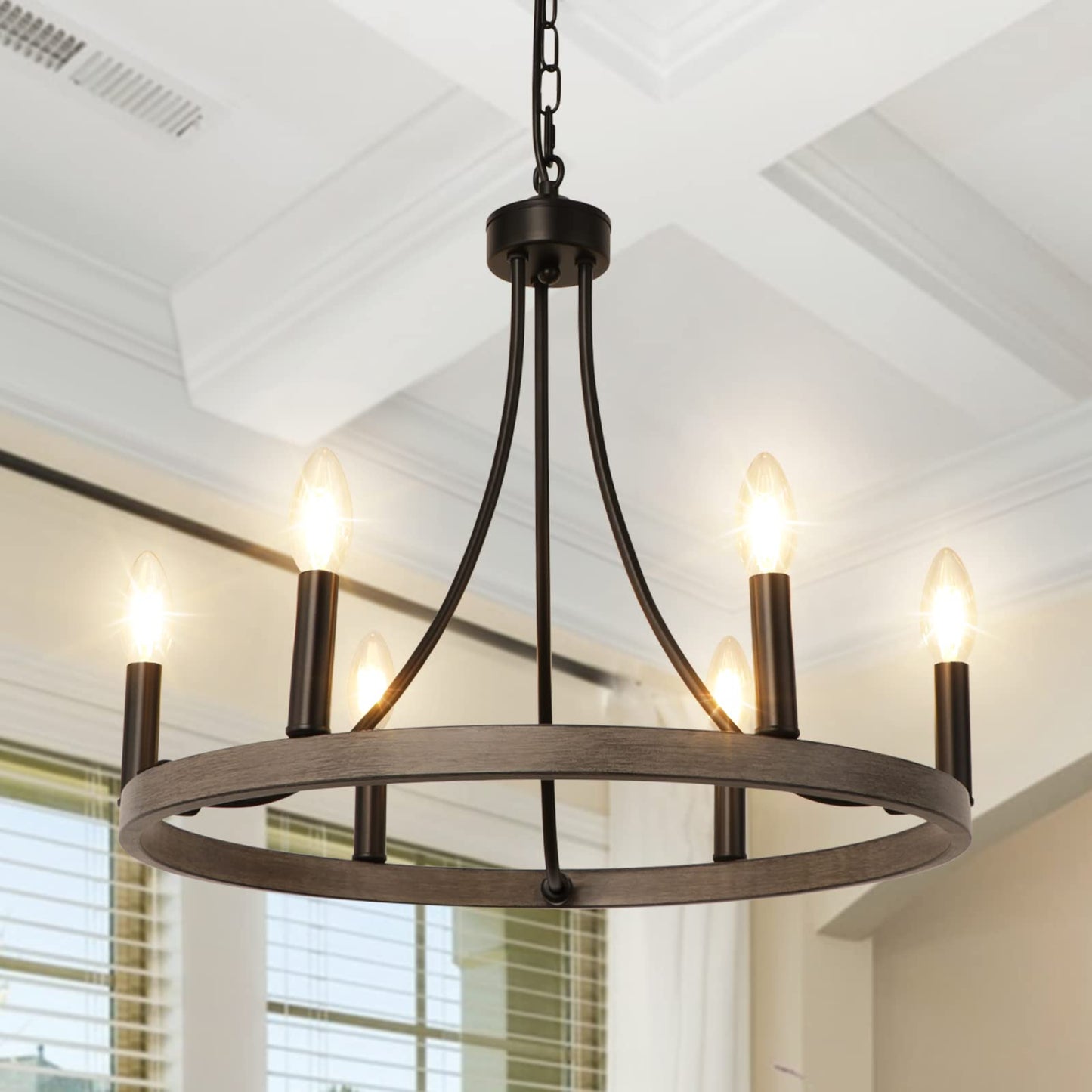 WBinDX Wagon Wheel Chandelier, 6-Light Modern Farmhouse Chandeliers for Dining Room, 19.68 Inch Black Faux Wood Metal Round Chandeliers for Entryway Kitchen Table Living Room Foyer