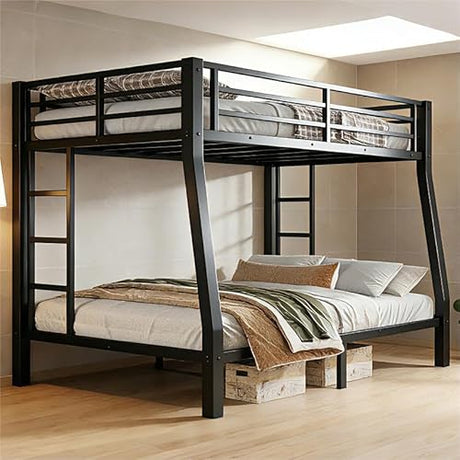 Bellemave Metal Full XL Over Queen Bunk Bed with High Guardrail & Under-Bed Storage, Heavy Duty Bunk Beds Frame with 2 Side Ladders, Full Over Queen Bunk Bed for Adults, No Box Spring Needed, Black Bellemave