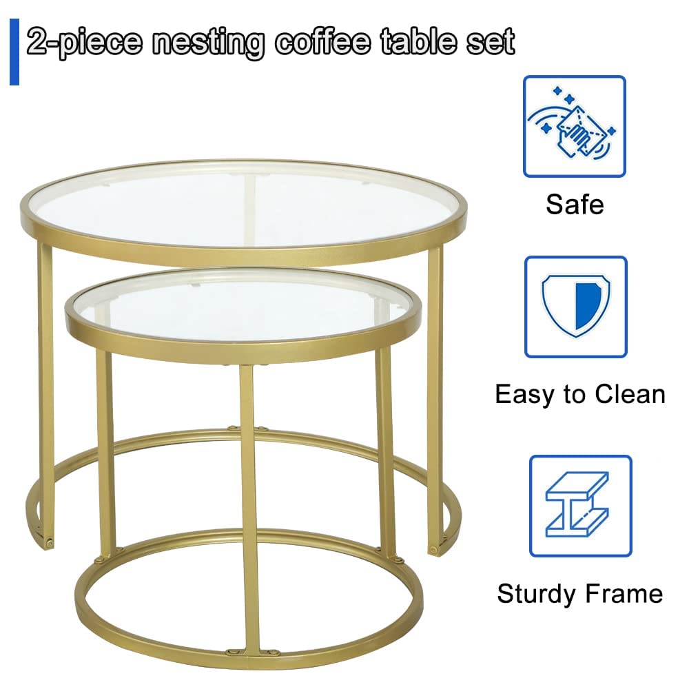 HEONITURE Gold Nesting Coffee Table Set of 2, Small Glass Nesting Tables for Living Room Bedroom, Accent Tea Table with Metal Frame HEONITURE