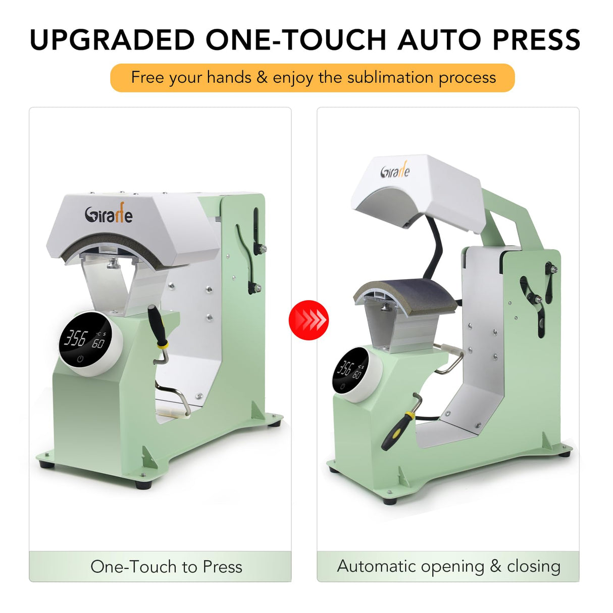 Giraffe Auto Hat Heat Press Machine, Automatic Hat Press Heat Machine for Caps T-Shirts Bags, DIY Sublimation Hat Press Cap Press Auto Open & Release & Digital Press Knob-Style Control Panel (Green) Giraffe