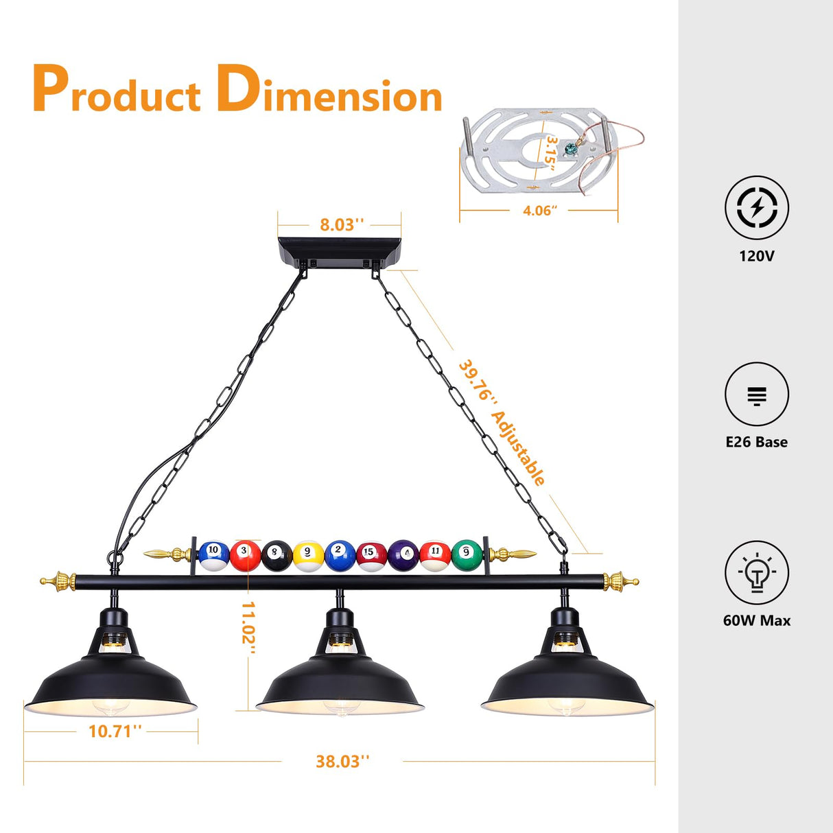 Mcacggo 3-Light Billiard Pool Table Lights Hanging Over Pool Table, Black Matte Metal Shades with Billiard Ball Decor, for Billiards Room, Snooker Table, Kitchen Island Mcacggo
