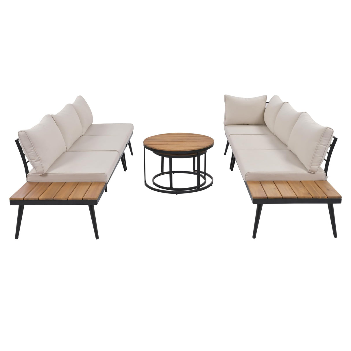 Modern Outdoor Sectional Sofa Set with Round Nesting Coffee Tables and Cushions,6-Piece Patio Furniture Set for Porch,Garden,Poolside and Balcony (Beige) CKLMMC