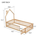 TURRIDU Twin Size Montessori House-Shaped Floor Bed with Fence & Door in Natural Wood TURRIDU