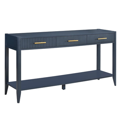 60" Modern Wooden Console Table Sofa Table with 3 Vertical Stripe Drawers, Open Bottom Shelf and Long Legs for Entryway, Hallway, Living Room, Foyer, Corridor (Navy Blue-04)