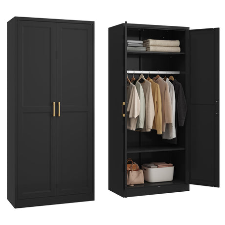 SteeLoong Metal Wardrobe Cabinet with Hanging Rod, 71" Tall Armoire Wardrobe Closet with 2 Doors and Adjustable Shelves, Black Clothing Storage Cabinets for Bedroom, Laundry Room, Cloak Room SteeLoong