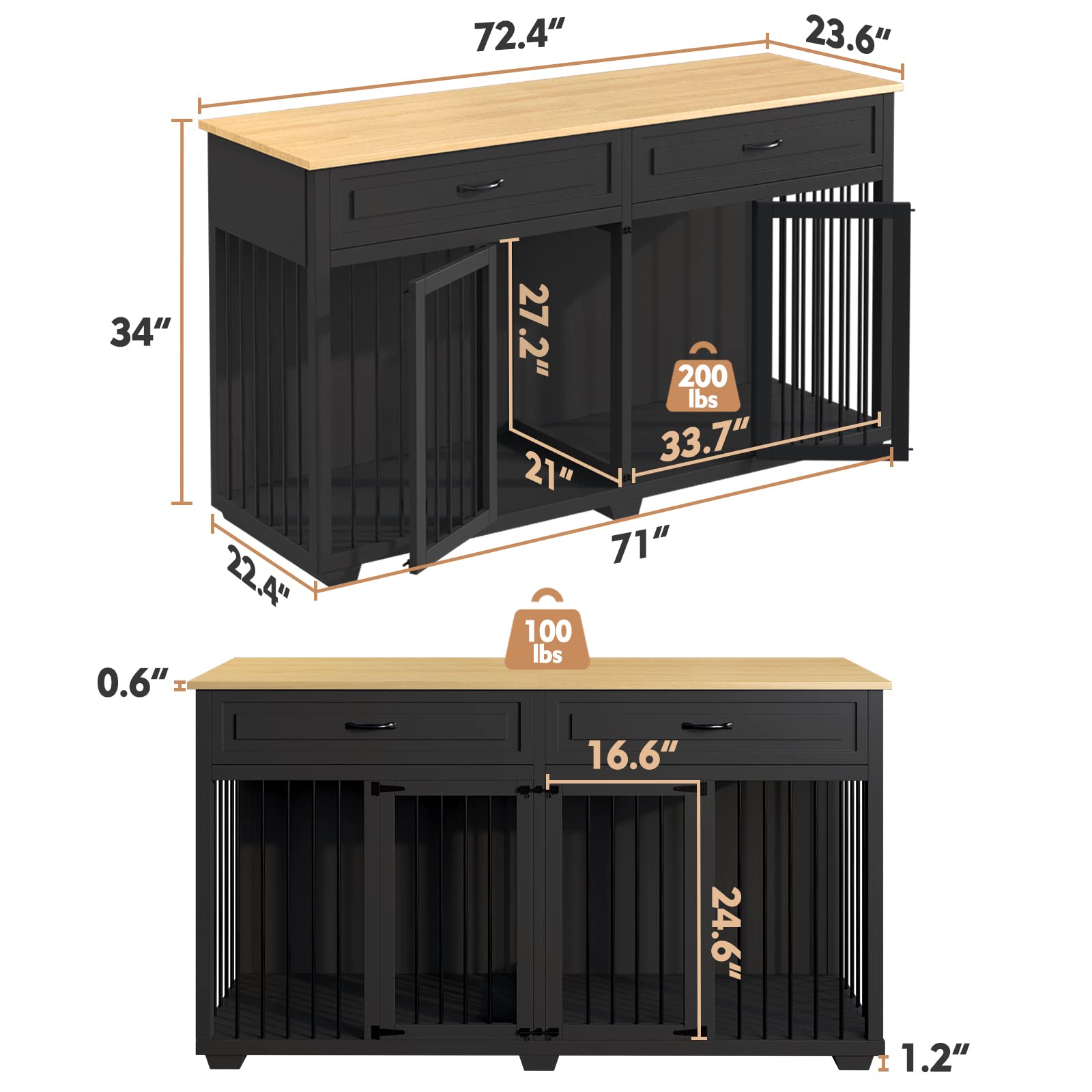 PIAOMTIEE Dog Crate Furniture, 72.4 Inch Wooden Dog Kennel, Modern Decorative Dog House, Dog Crate End Table with Double Doors, Drawers, Divider, Indoor Dog Cage for Large Medium Dogs, Black - WoodArtSupply