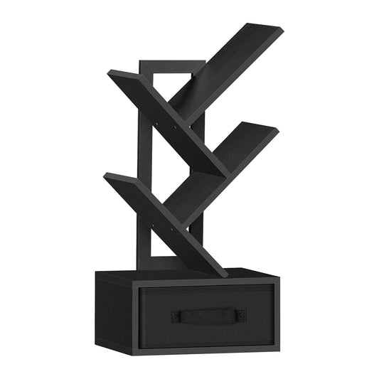 SHEEPAM 4-Tier Classic Black Tree Bookshelf with Drawer – Modern Wooden Desktop Bookcase for Organising Books and Collectibles - WoodArtSupply