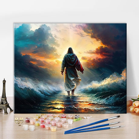 Tumovo Jesus Walking on Water DIY Paint by Number Kit - Sunset Scene on 16x20inch Canvas for Adults & Kids TUMOVO