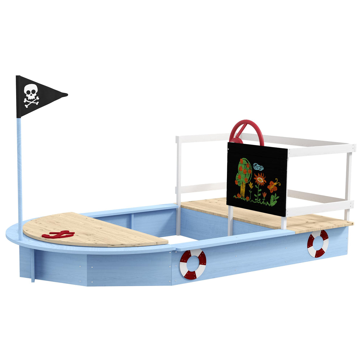 Outsunny Kids Wooden Sandbox, Pirate Ship Sand Pit with Flag, Blackboard, Rudder, Anchor Sign, Storage Deck for Backyard Garden, Gift for Age 3-7 Years, 68" x 44" x 39", Blue Outsunny