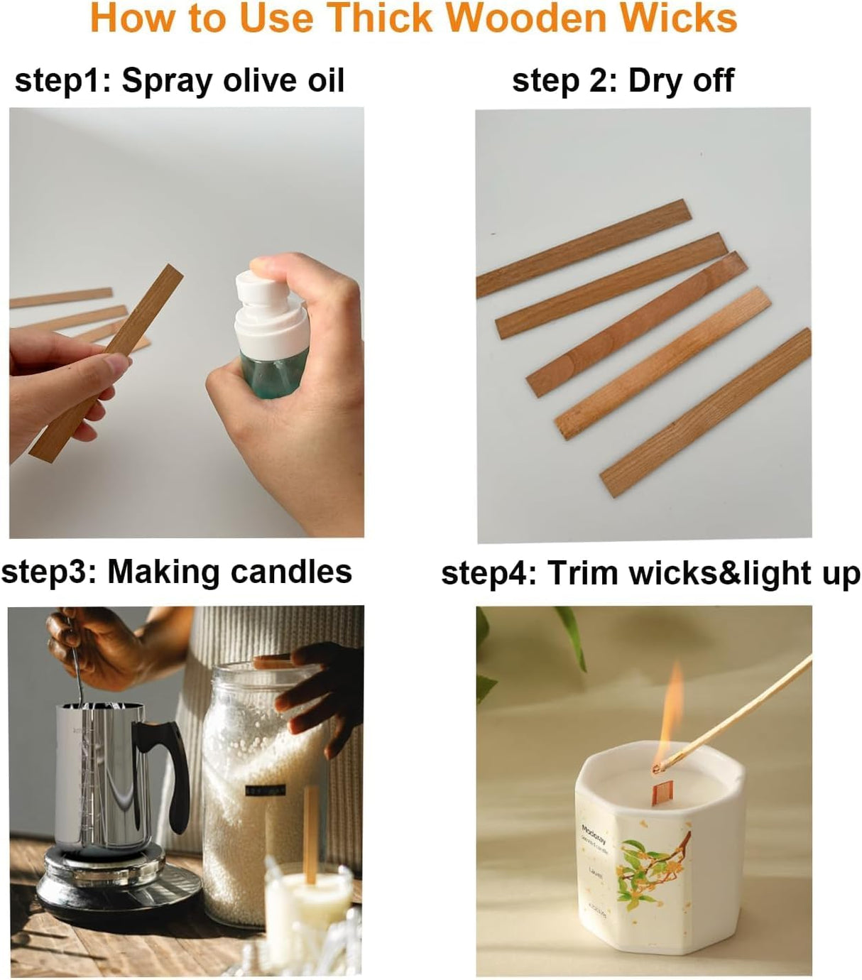 50 pcs 5.1in x 0.76in Wooden Wicks for Candle Making Natural Candle Wood Wicks Candle Cores for DIY Candle Making Craft Wooden Wicks for Candle Making (50 Sets Stickers Included) Phinicco