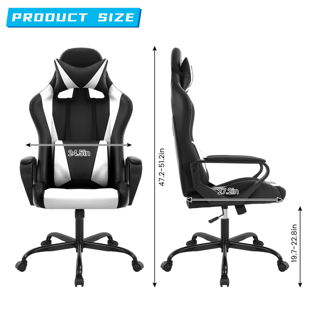 High-Back Racing Office Gaming Chair - PU Leather Reclining Computer Desk Chair with Lumbar Support and Swivel Function - Black Heavy Duty Executive Chair for Adults RROCOSIA